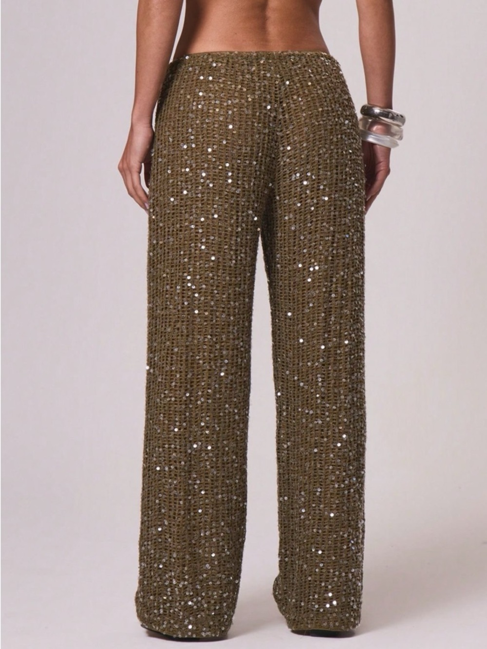 Sequin Wide-Leg Knit Pants - Olive